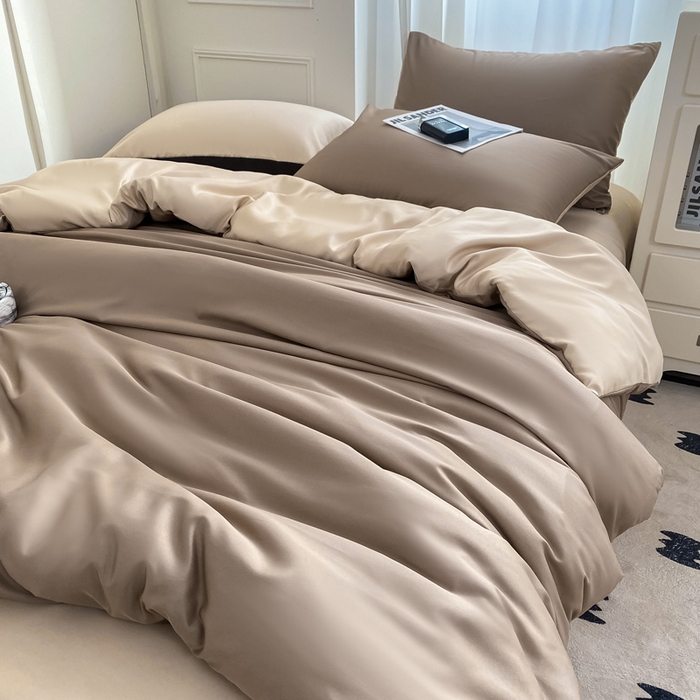 91家纺网 家纺一手货源 找家纺 乐沐家纺 2024新款夏季水洗冰丝四件套水洗真丝纯色双拼单被套-风格二 咖棕奶茶