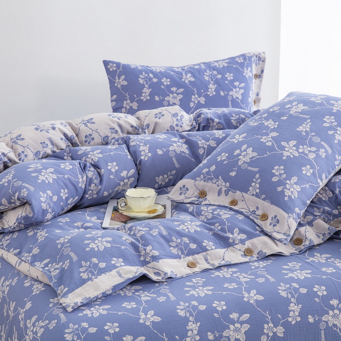 91家纺网 家纺一手货源 找家纺 鲁爱家纺供货 2025新款全棉色织双层纱纽扣四件套 春晖-浅兰