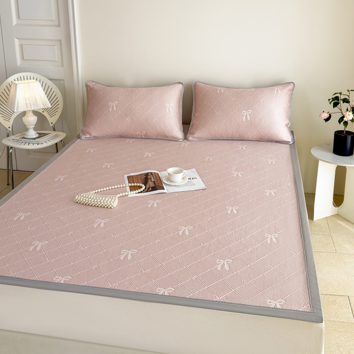 91家纺网 家纺一手货源 找家纺 吉祥家纺 2025春夏新款包边提花凉席席子 领结粉