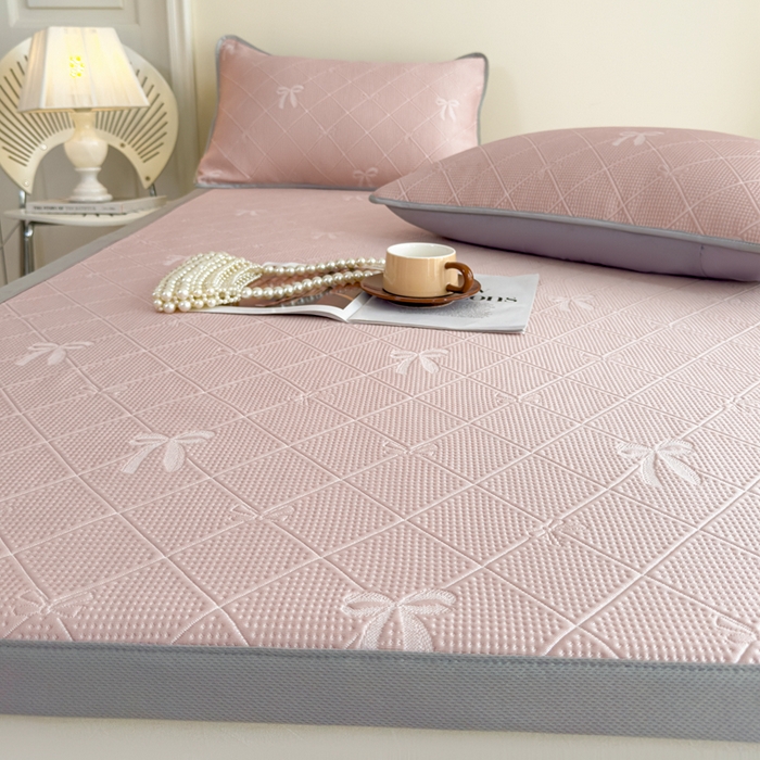 91家纺网 家纺一手货源 找家纺 吉祥家纺 2025春夏新款包边提花凉席席子 领结粉