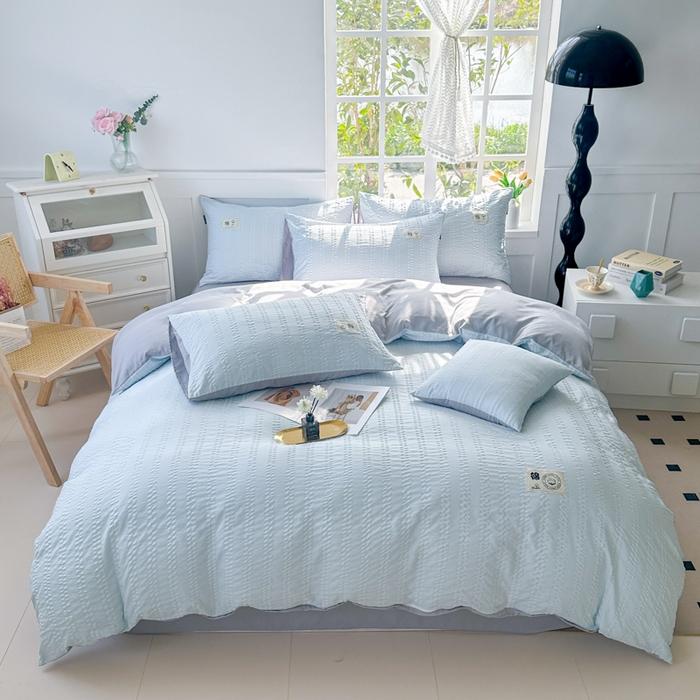 91家纺网 家纺一手货源 找家纺 （总）丞音家纺 2025新款A类亲肤棉泡泡纱棉麻纯色宿舍公寓学生三件套床笠床单四件套