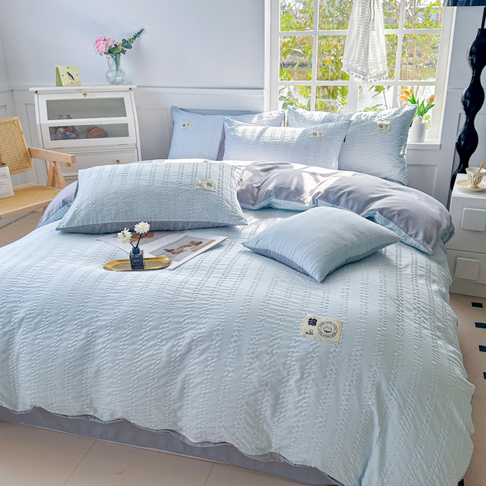 91家纺网 家纺一手货源 找家纺 （总）丞音家纺 2025新款A类亲肤棉泡泡纱棉麻纯色宿舍公寓学生三件套床笠床单四件套