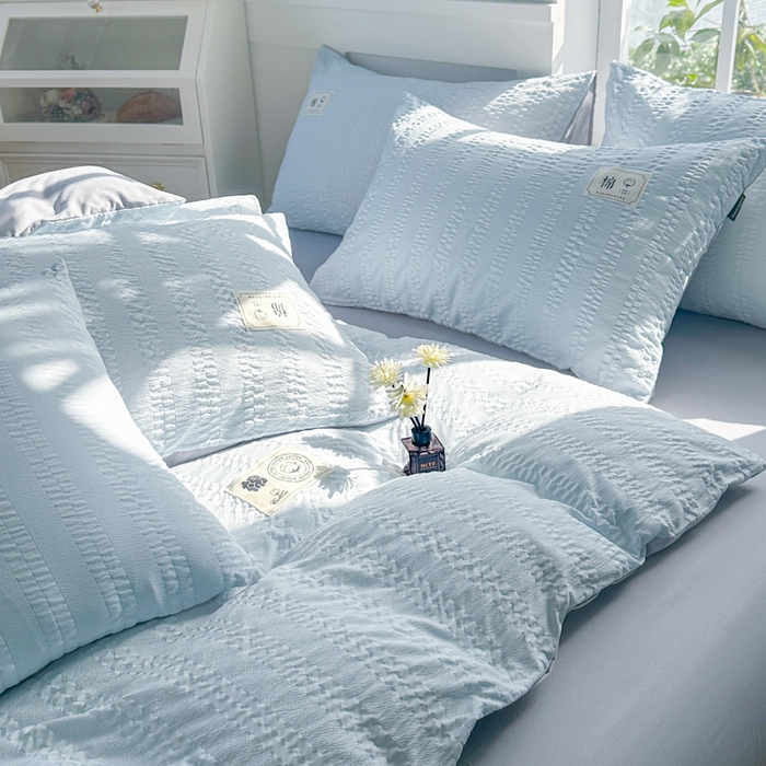 91家纺网 家纺一手货源 找家纺 （总）丞音家纺 2025新款A类亲肤棉泡泡纱棉麻纯色宿舍公寓学生三件套床笠床单四件套