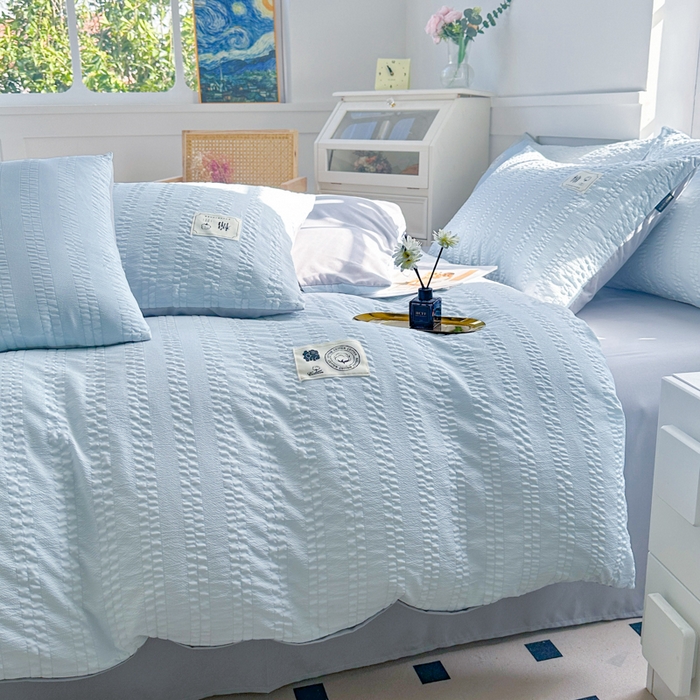 91家纺网 家纺一手货源 找家纺 （总）丞音家纺 2025新款A类亲肤棉泡泡纱棉麻纯色宿舍公寓学生三件套床笠床单四件套