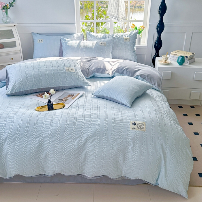 91家纺网 家纺一手货源 找家纺 （总）丞音家纺 2025新款A类亲肤棉泡泡纱棉麻纯色宿舍公寓学生三件套床笠床单四件套