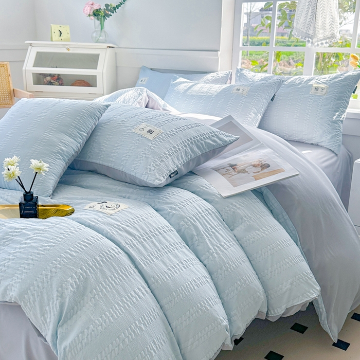 91家纺网 家纺一手货源 找家纺 丞音家纺 2025新款A类亲肤棉泡泡纱棉麻纯色宿舍公寓学生三件套床笠床单四件套 米兰-碧空蓝