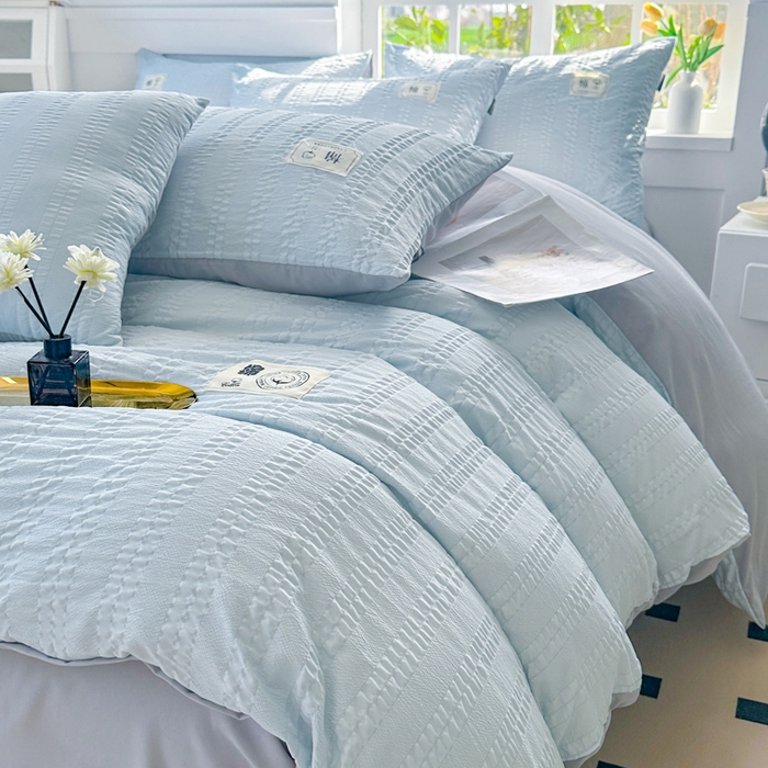 91家纺网 家纺一手货源 找家纺 丞音家纺 2025新款A类亲肤棉泡泡纱棉麻纯色宿舍公寓学生三件套床笠床单四件套 米兰-碧空蓝