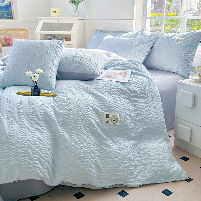 91家纺网 家纺一手货源 找家纺 丞音家纺 2025新款A类亲肤棉泡泡纱棉麻纯色宿舍公寓学生三件套床笠床单四件套 米兰-碧空蓝
