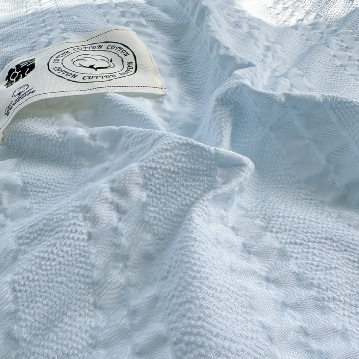 91家纺网 家纺一手货源 找家纺 丞音家纺 2025新款A类亲肤棉泡泡纱棉麻纯色宿舍公寓学生三件套床笠床单四件套 米兰-碧空蓝