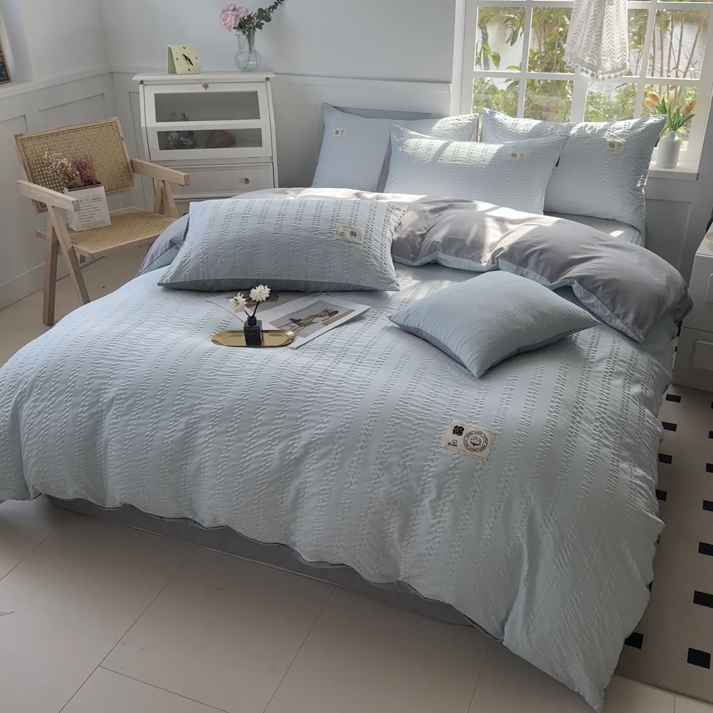 91家纺网 家纺一手货源 找家纺 丞音家纺 2025新款A类亲肤棉泡泡纱棉麻纯色宿舍公寓学生三件套床笠床单四件套 米兰-碧空蓝