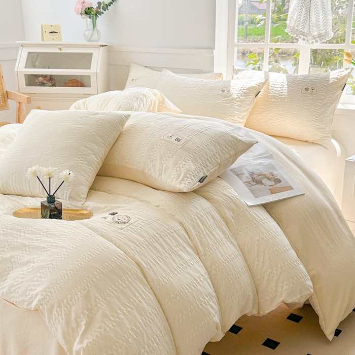 丞音家纺 2025新款A类亲肤棉泡泡纱棉麻纯色宿舍公寓学生三件套床笠床单四件套 米兰-奶昔白