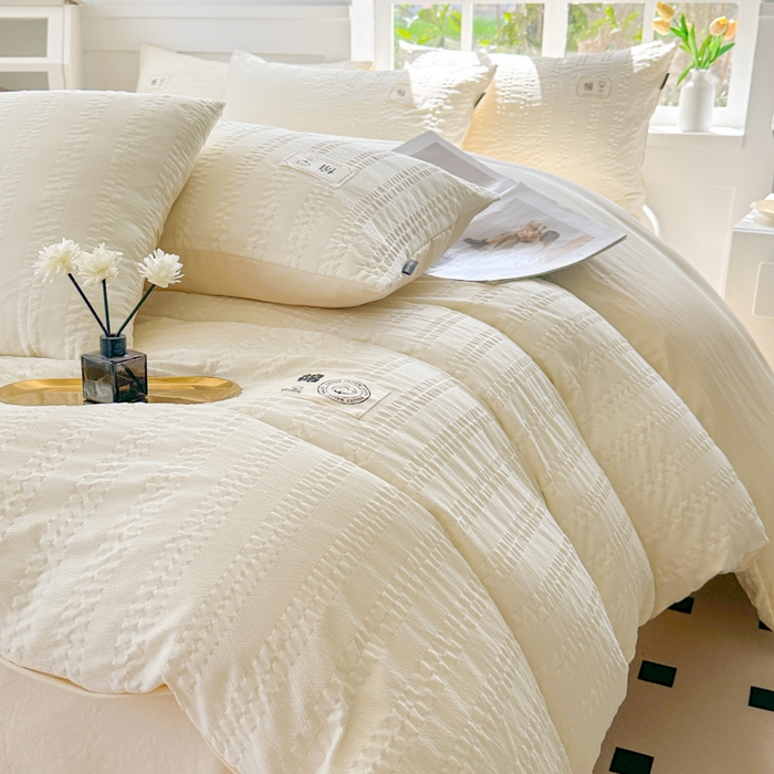 91家纺网 家纺一手货源 找家纺 丞音家纺 2025新款A类亲肤棉泡泡纱棉麻纯色宿舍公寓学生三件套床笠床单四件套 米兰-奶昔白