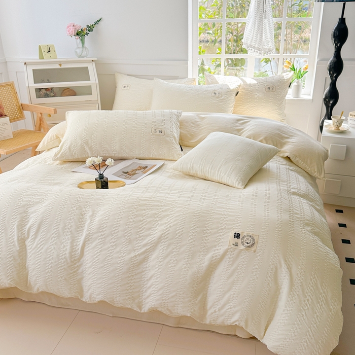 91家纺网 家纺一手货源 找家纺 丞音家纺 2025新款A类亲肤棉泡泡纱棉麻纯色宿舍公寓学生三件套床笠床单四件套 米兰-奶昔白