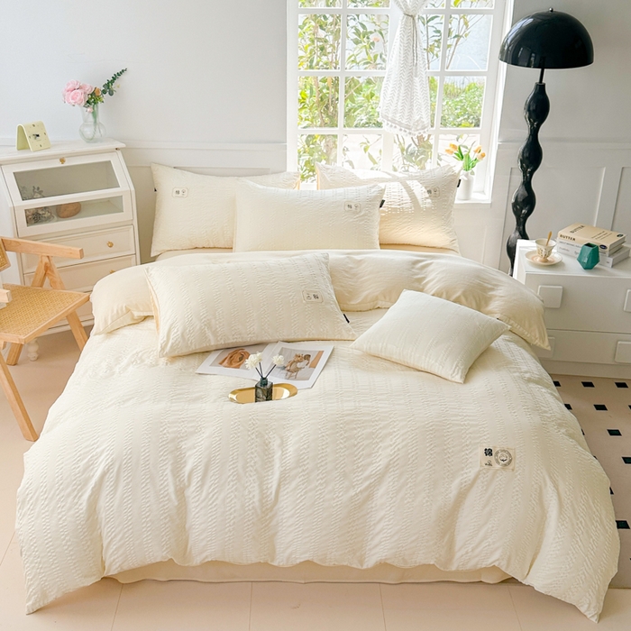 91家纺网 家纺一手货源 找家纺 丞音家纺 2025新款A类亲肤棉泡泡纱棉麻纯色宿舍公寓学生三件套床笠床单四件套 米兰-奶昔白