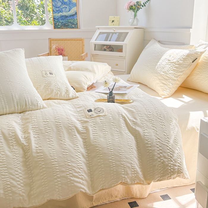 91家纺网 家纺一手货源 找家纺 丞音家纺 2025新款A类亲肤棉泡泡纱棉麻纯色宿舍公寓学生三件套床笠床单四件套 米兰-奶昔白