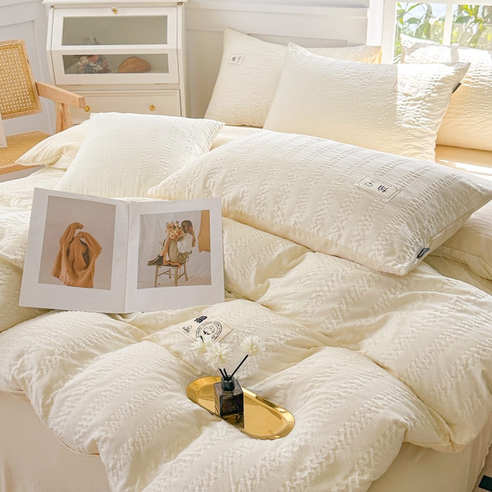 91家纺网 家纺一手货源 找家纺 丞音家纺 2025新款A类亲肤棉泡泡纱棉麻纯色宿舍公寓学生三件套床笠床单四件套 米兰-奶昔白