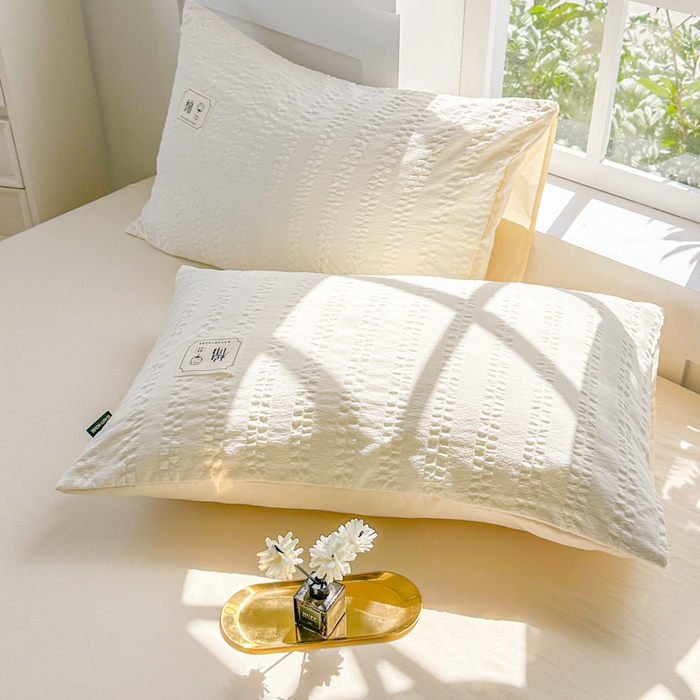 91家纺网 家纺一手货源 找家纺 丞音家纺 2025新款A类亲肤棉泡泡纱棉麻纯色宿舍公寓学生三件套床笠床单四件套 米兰-奶昔白