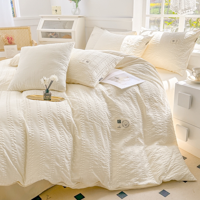 91家纺网 家纺一手货源 找家纺 丞音家纺 2025新款A类亲肤棉泡泡纱棉麻纯色宿舍公寓学生三件套床笠床单四件套 米兰-奶昔白