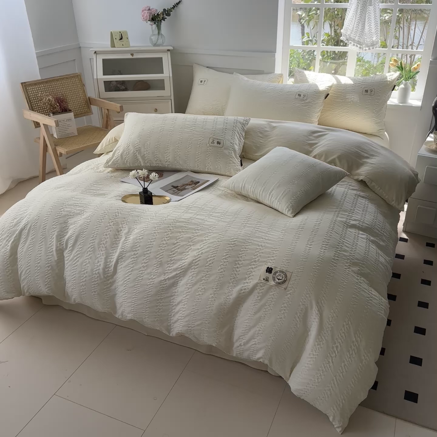 91家纺网 家纺一手货源 找家纺 丞音家纺 2025新款A类亲肤棉泡泡纱棉麻纯色宿舍公寓学生三件套床笠床单四件套 米兰-奶昔白