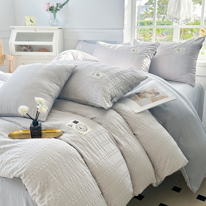 丞音家纺 2025新款A类亲肤棉泡泡纱棉麻纯色宿舍公寓学生三件套床笠床单四件套 米兰-烟灰色