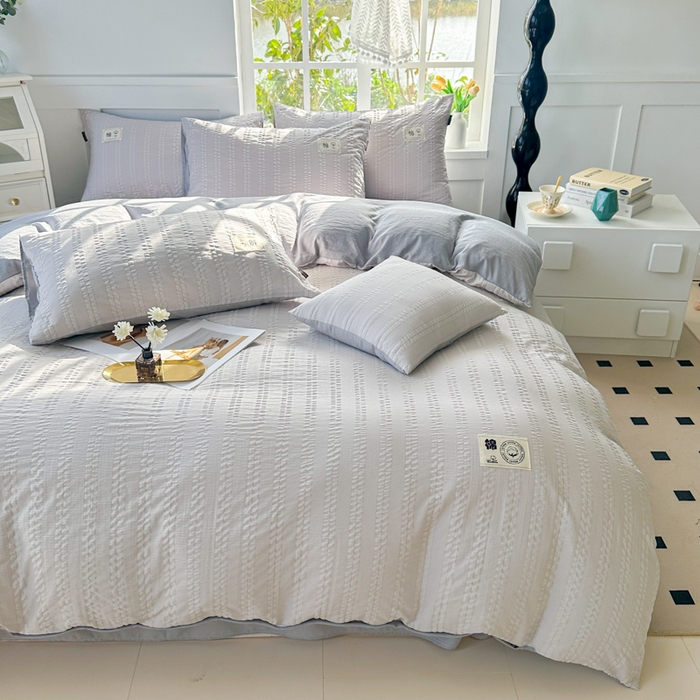 91家纺网 家纺一手货源 找家纺 丞音家纺 2025新款A类亲肤棉泡泡纱棉麻纯色宿舍公寓学生三件套床笠床单四件套 米兰-烟灰色