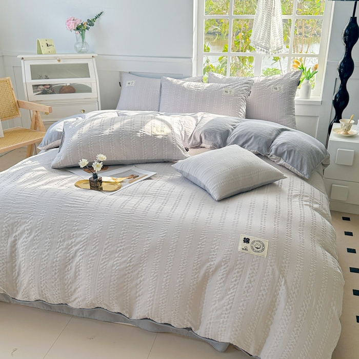 91家纺网 家纺一手货源 找家纺 丞音家纺 2025新款A类亲肤棉泡泡纱棉麻纯色宿舍公寓学生三件套床笠床单四件套 米兰-烟灰色