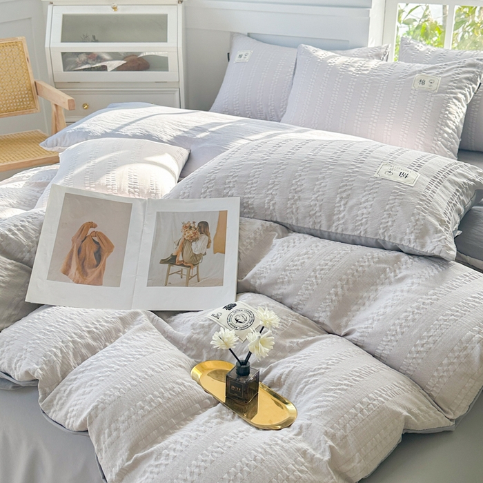 91家纺网 家纺一手货源 找家纺 丞音家纺 2025新款A类亲肤棉泡泡纱棉麻纯色宿舍公寓学生三件套床笠床单四件套 米兰-烟灰色