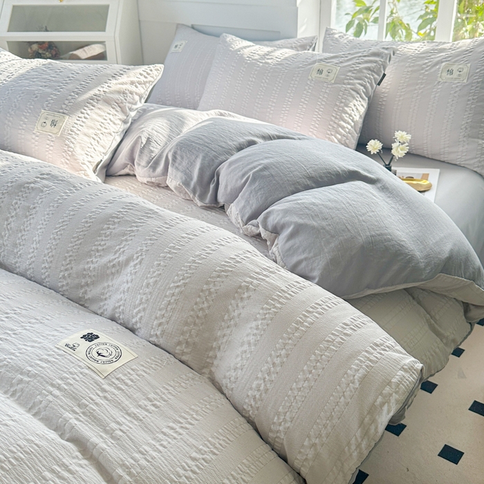 91家纺网 家纺一手货源 找家纺 丞音家纺 2025新款A类亲肤棉泡泡纱棉麻纯色宿舍公寓学生三件套床笠床单四件套 米兰-烟灰色