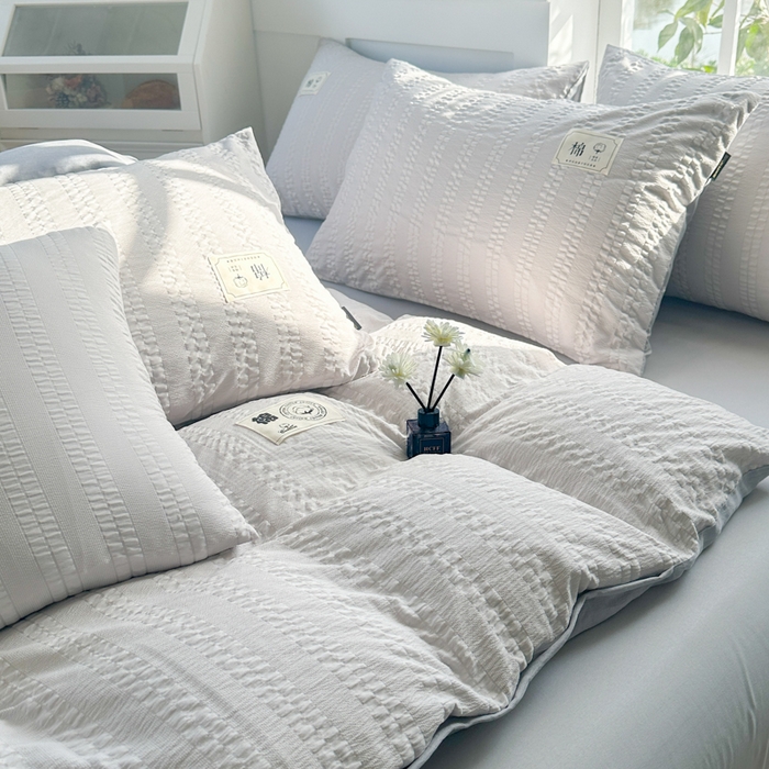 91家纺网 家纺一手货源 找家纺 丞音家纺 2025新款A类亲肤棉泡泡纱棉麻纯色宿舍公寓学生三件套床笠床单四件套 米兰-烟灰色