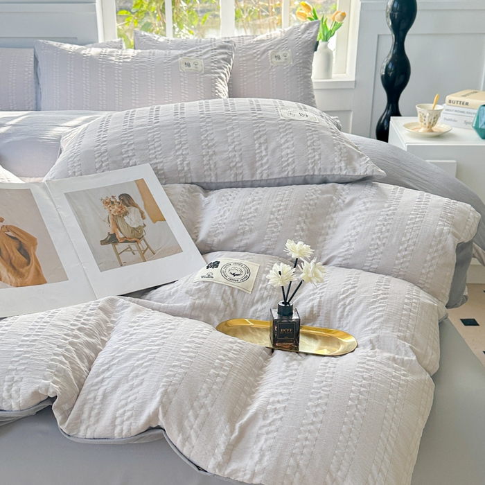 91家纺网 家纺一手货源 找家纺 丞音家纺 2025新款A类亲肤棉泡泡纱棉麻纯色宿舍公寓学生三件套床笠床单四件套 米兰-烟灰色