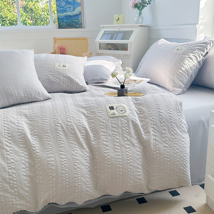 91家纺网 家纺一手货源 找家纺 丞音家纺 2025新款A类亲肤棉泡泡纱棉麻纯色宿舍公寓学生三件套床笠床单四件套 米兰-烟灰色