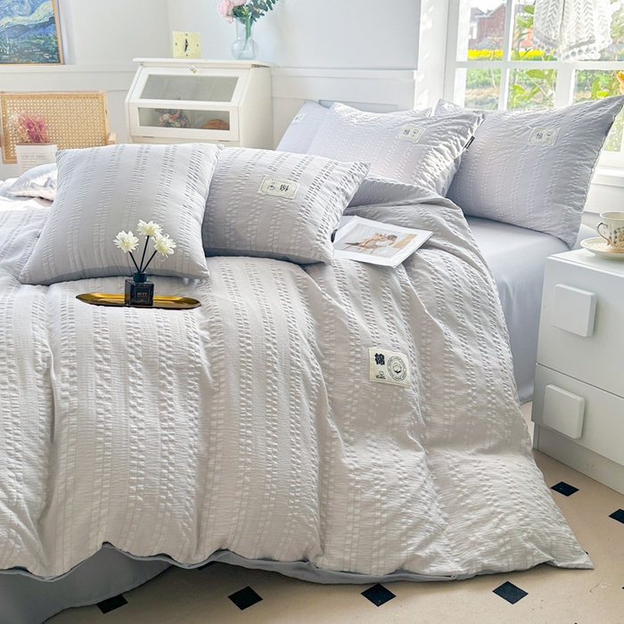 91家纺网 家纺一手货源 找家纺 丞音家纺 2025新款A类亲肤棉泡泡纱棉麻纯色宿舍公寓学生三件套床笠床单四件套 米兰-烟灰色