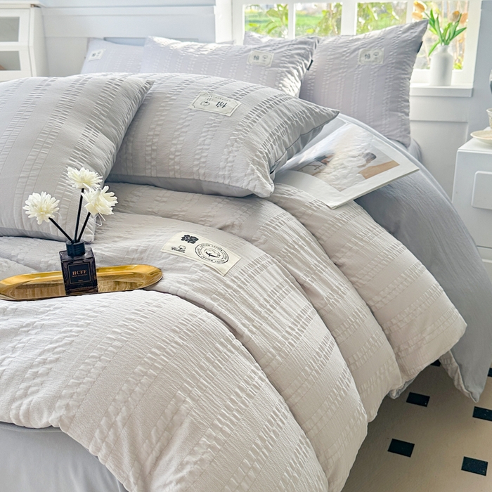 91家纺网 家纺一手货源 找家纺 丞音家纺 2025新款A类亲肤棉泡泡纱棉麻纯色宿舍公寓学生三件套床笠床单四件套 米兰-烟灰色