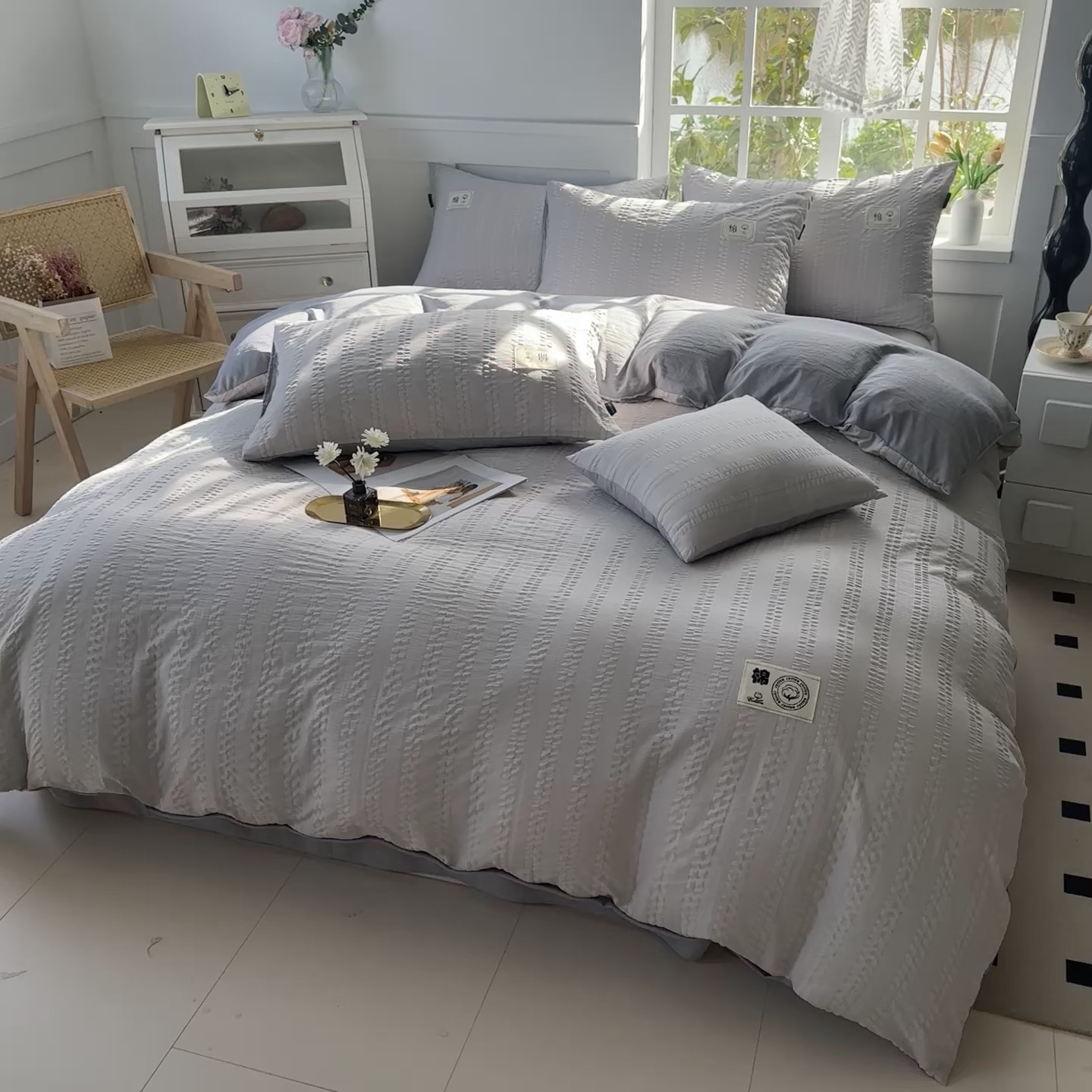 91家纺网 家纺一手货源 找家纺 丞音家纺 2025新款A类亲肤棉泡泡纱棉麻纯色宿舍公寓学生三件套床笠床单四件套 米兰-烟灰色