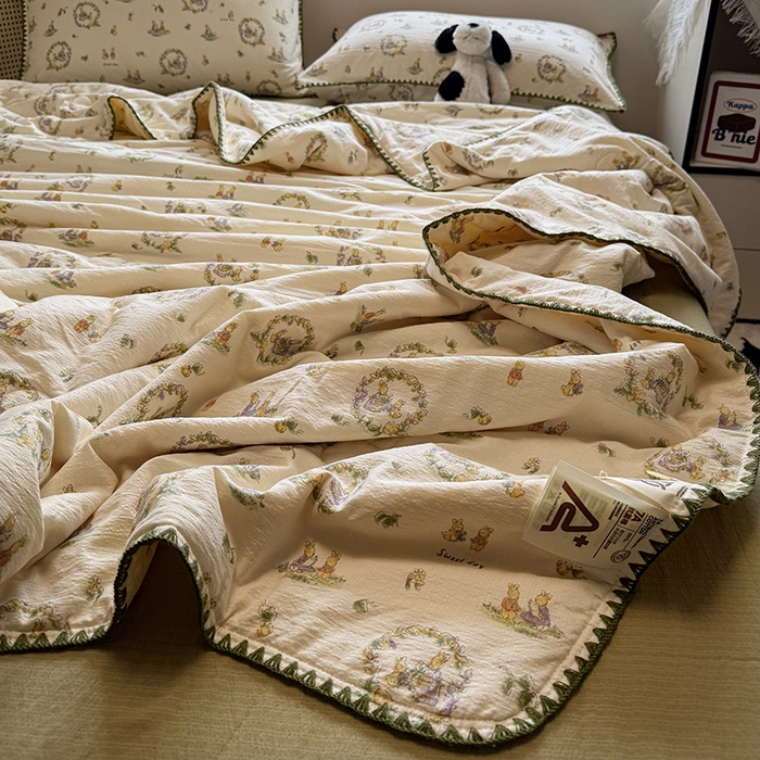 91家纺网 家纺一手货源 找家纺 星巴k家纺 2025新款春夏云感双层纱A类母婴级三角针夏被贝壳边夏凉被贝壳绣【可提供买家秀】 贝壳绣-兔子欢喜