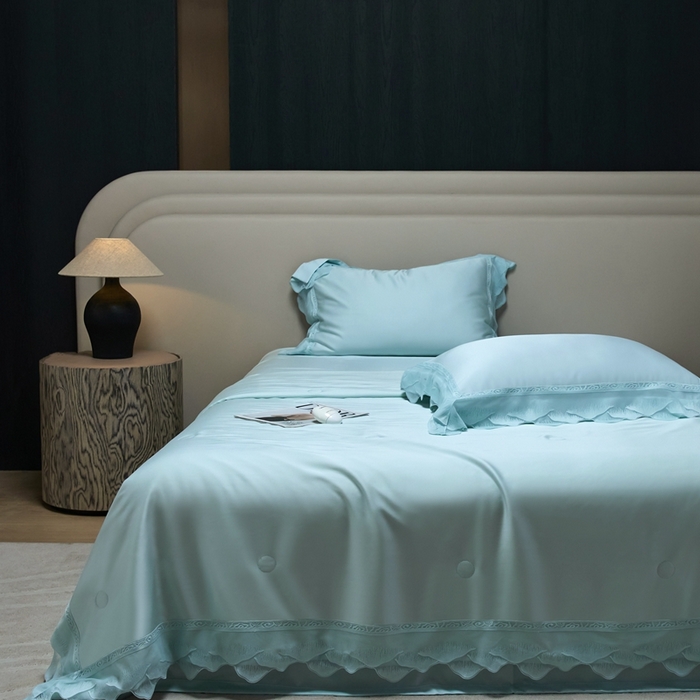 91家纺网 家纺一手货源 找家纺 时亿家居 2025新款80s兰精天丝夏被四件套 爱丽丝 爱丽丝 水绿