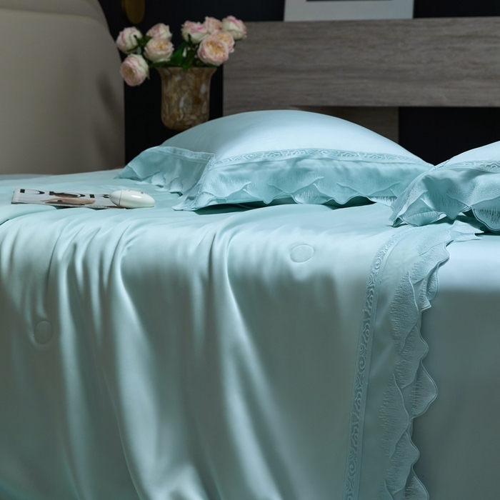 91家纺网 家纺一手货源 找家纺 时亿家居 2025新款80s兰精天丝夏被四件套 爱丽丝 爱丽丝 水绿