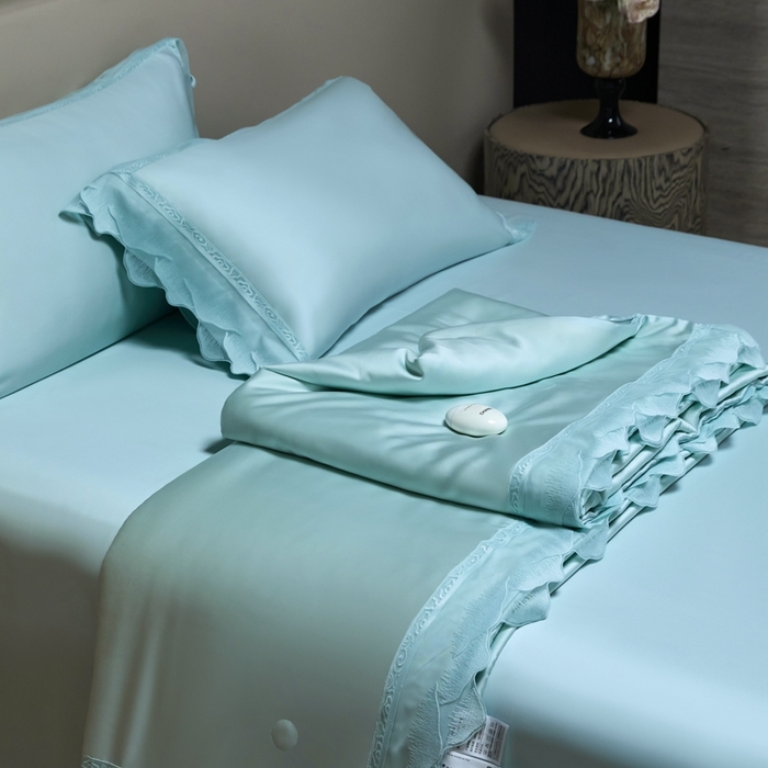 91家纺网 家纺一手货源 找家纺 时亿家居 2025新款80s兰精天丝夏被四件套 爱丽丝 爱丽丝 水绿