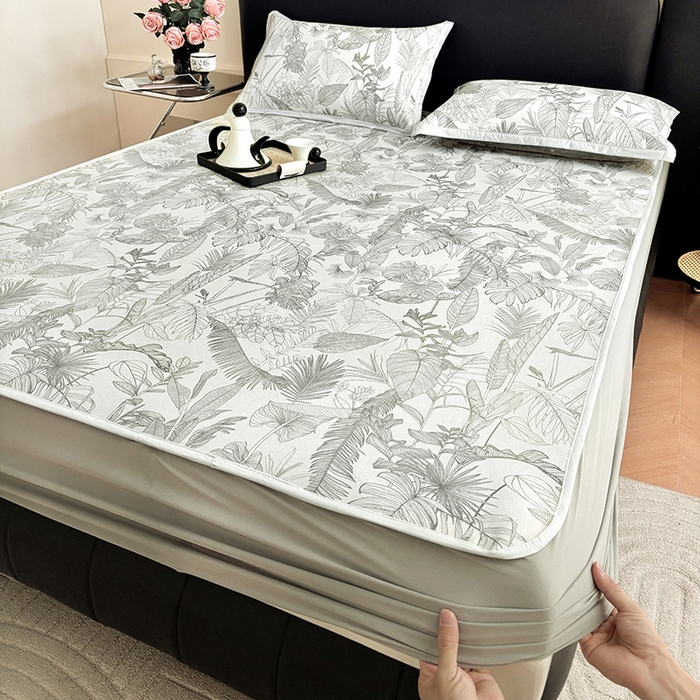 91家纺网 家纺一手货源 找家纺 （总）绒艺席业 2025新款赫本风印花凉席席子系列床笠款