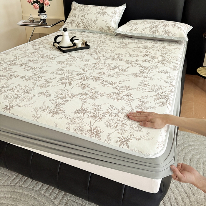 91家纺网 家纺一手货源 找家纺 绒艺席业 2025新款赫本风印花凉席席子系列床笠款 伊甸园