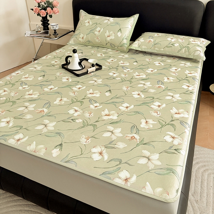 91家纺网 家纺一手货源 找家纺 绒艺席业 2025新款赫本风印花凉席席子系列床笠款 后花园