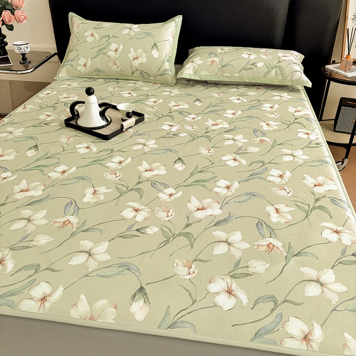 91家纺网 家纺一手货源 找家纺 绒艺席业 2025新款赫本风印花凉席席子系列床笠款 后花园