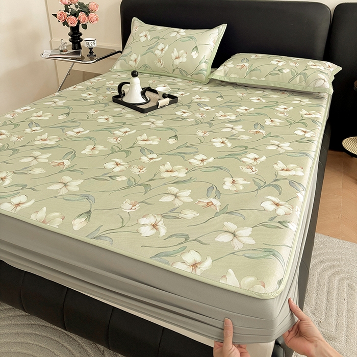 91家纺网 家纺一手货源 找家纺 绒艺席业 2025新款赫本风印花凉席席子系列床笠款 后花园