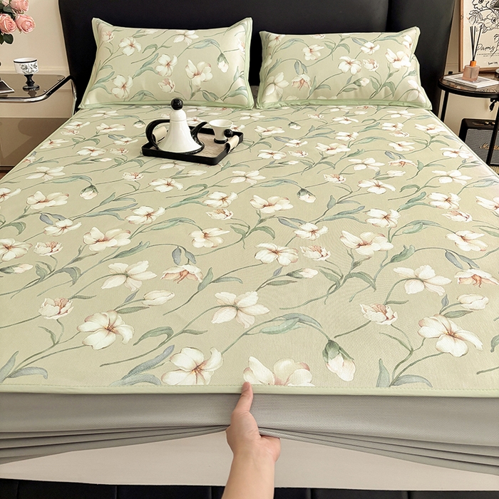 91家纺网 家纺一手货源 找家纺 绒艺席业 2025新款赫本风印花凉席席子系列床笠款 后花园