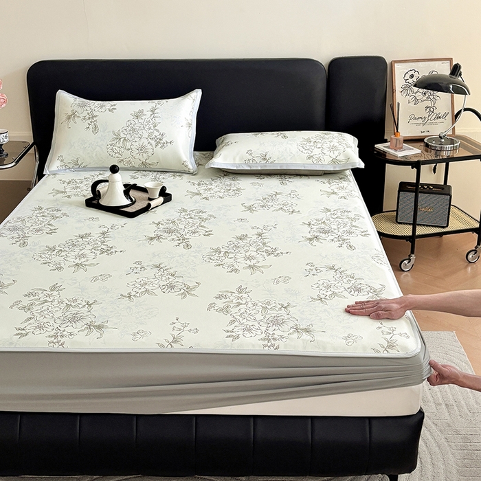 91家纺网 家纺一手货源 找家纺 绒艺席业 2025新款赫本风印花凉席席子系列床笠款 一杯清茶