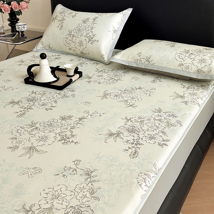 91家纺网 家纺一手货源 找家纺 绒艺席业 2025新款赫本风印花凉席席子系列床笠款 一杯清茶