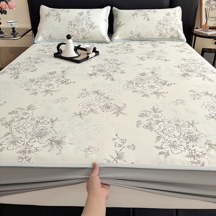 91家纺网 家纺一手货源 找家纺 绒艺席业 2025新款赫本风印花凉席席子系列床笠款 一杯清茶