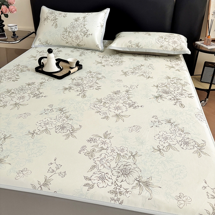 91家纺网 家纺一手货源 找家纺 绒艺席业 2025新款赫本风印花凉席席子系列床笠款 一杯清茶