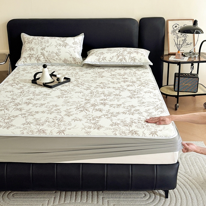 91家纺网 家纺一手货源 找家纺 绒艺席业 2025新款赫本风印花凉席席子系列床笠款 伊甸园