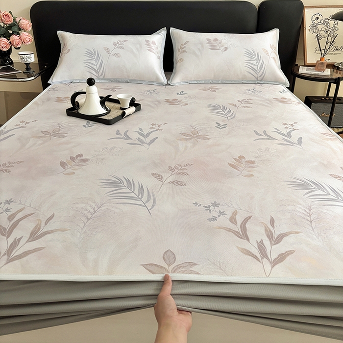 91家纺网 家纺一手货源 找家纺 绒艺席业 2025新款赫本风印花凉席席子系列床笠款 花影晚风